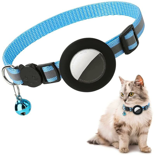 Airtag Cat Collar, Reflective Airtag Cat Collar with Bell and Airtag Silicone Waterproof Holder Blue-Black