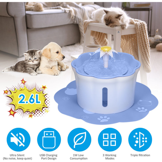 Lifcausal - 2.6L Automatic Pet Water Fountain Drinking Bottle Electric Water Dispenser Feeder Bowl with Triple 3 Adjustable Flow Setting Mat for Cats