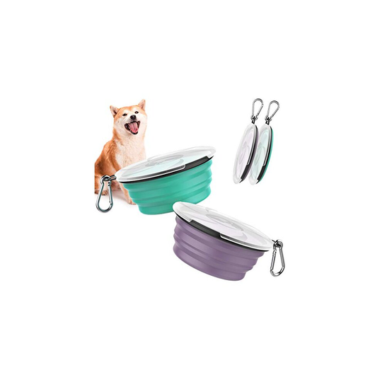 Pawaboo Collapsible Dog Bowls 2 Pack, Silicone Feeding Watering Bowls with Lids & Carabiners for Dogs Cats, Portable Collapsable Water Feeder Foo