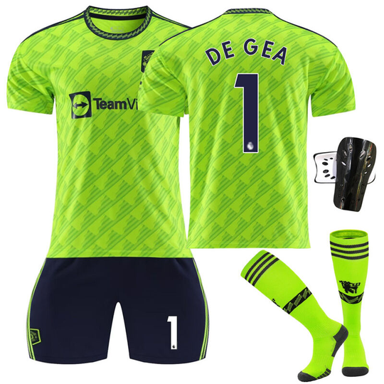 Red Devil Man l Away Game Fluorescent Green Soccer Suit No. 1 with socks+protective gear, children's size 22