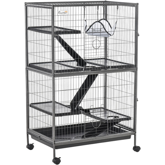 Pawhut - Small Animal Cages for Chinchilla Ferret Kitten on Wheels w/ Hammock Tray - Grey
