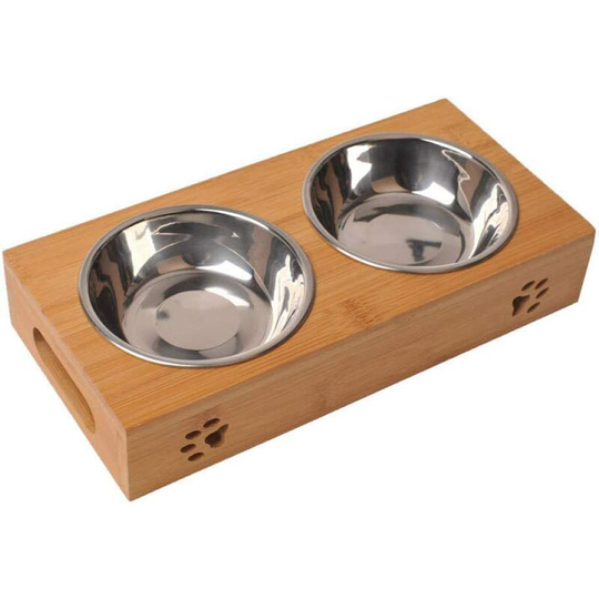 Cat Feeders and Waterers Cat Bowl Bamboo Dish Wooden Double Bowl Stainless Steel Dog Cat Utility Double Bowl s