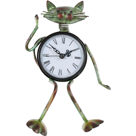 Cat Clock Handmade Vintage Metal Iron Cat Figurine Mute Table Clock Practical Clock One aa Battery(not include),model:Green