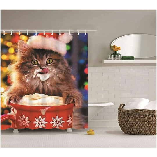 1pc Christmas Kitten Shower Curtain Polyester Waterproof Mildew Proof Bath Curtain - 150 x 180 cm