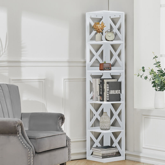 5 Tier Modern Wood Corner Standing Shelf for Living Room, White - Livingandhome