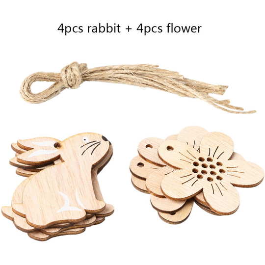 Asupermall - 8 pcs Easter Wooden Chicken/Rabbit Egg/Flower Shape Tags Cutouts Wood Crafts Decorative Tag Pendants with String for Home Decorations