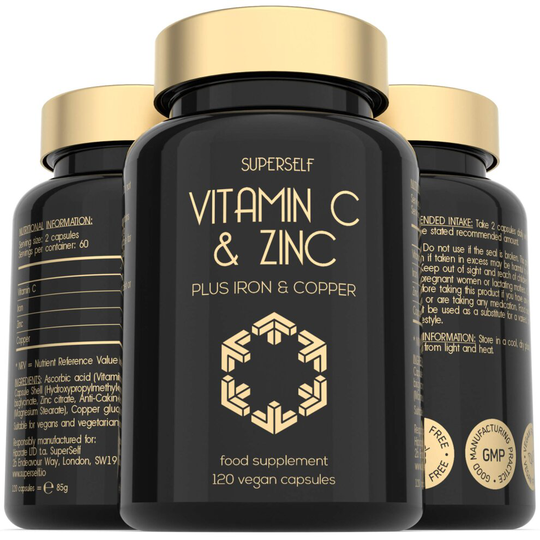 Vitamin C and Zinc Tablets - 1000mg Vitamin C with Zinc, Iron, Copper - 120 Capsules - Vegan Supplement - Immune System Complex