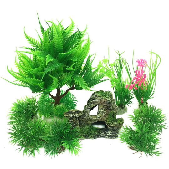 Bearsu - Small Size Aquarium Plants Plastic Decoration and Rock Polyresin Cave Ornament Decoration, 9 Pieces