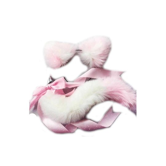 (White Pink) Neko Cat Ears Headband With Fox Or Kitten Tail Metal Butt Plug Bdsm Cosplay