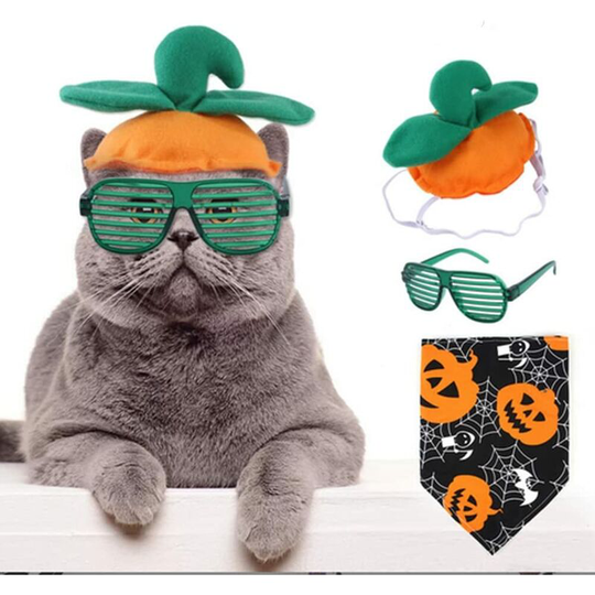 Pet Halloween Costume Set, 3 Piece Set, Hat+Scarf+Glasses, Halloween Christmas Holiday and Pet Cosplay, Puppy Kitten, Style 4