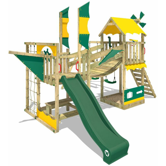 Wickey - Wooden climbing frame Smart Cruiser with swing set and green slide, Playhouse on stilts for kids with sandpit, climbing ladder &