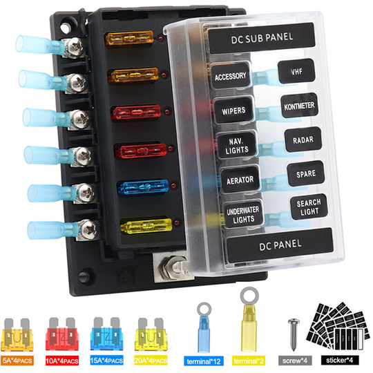 Lifcausal - 12 Way Fuse Box Blade Fuse Block Holder,12 Circuit Screw Nut Terminal Positive/Negative Bus Bar 5A 10A 15A 20A Free Fuses, with led