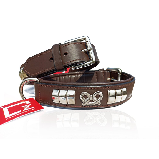 (Brown) STAFFORDSHIRE LEATHER DOG COLLAR FITTED WITH BRASS (CHROME PLATED) HARDWARE & STAFFY KNOT