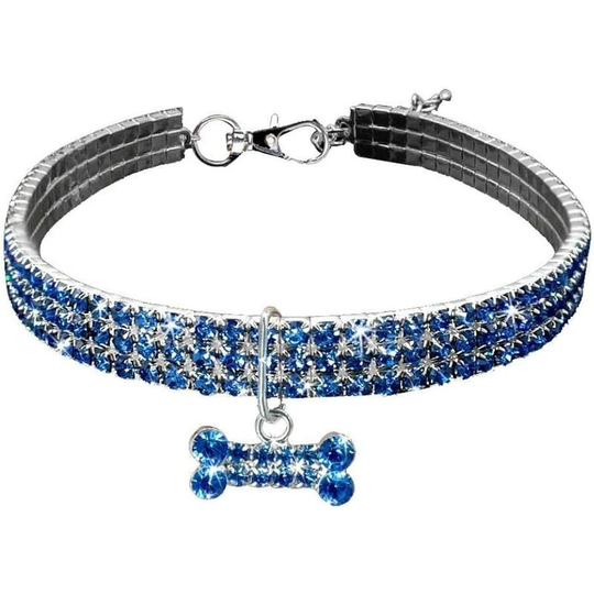 Pet collar, elastic, rhinestone, rhinestone, for small dogs (30 * 5cm) - blue