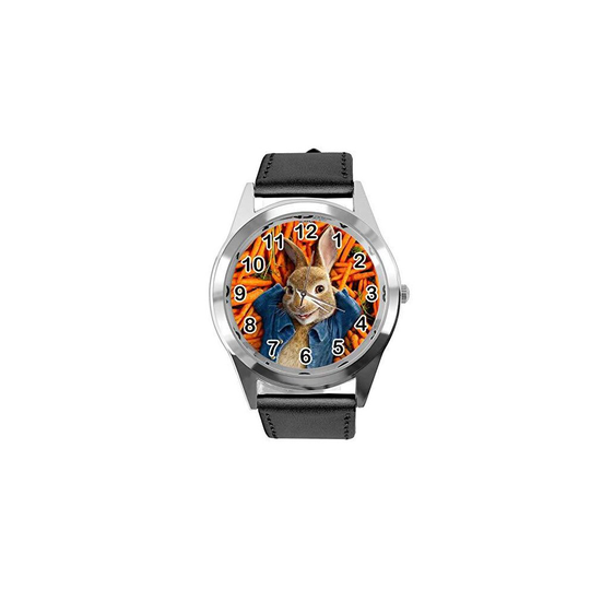 Quartz Black Leather Band Round Watch for Peter Rabbit Fans