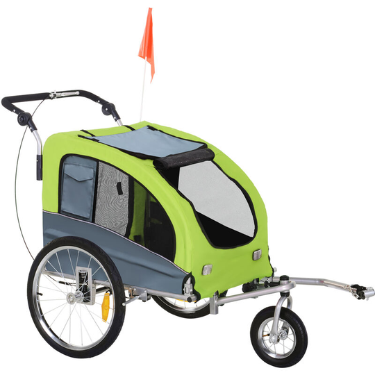 Pawhut - Pet Bicycle Trailer Water Resistant Carrier 3 Wheels Push Pull Brake - Grey & Green