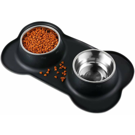 Double Stainless Cat and Dog Bowl Stainless Steel Bowl Non-Slip Base Anti-Overflow Anti-Spill Silicone Mat