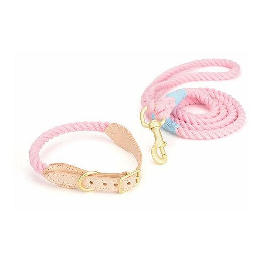 Dog Leash and Collar Set - Woven Cotton Rope with Leather Leash Collar - Adjustable d Ring 20.9 * 1.4 inch Dog Collar - Pink