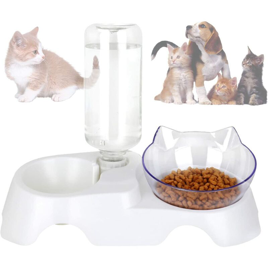 2 in 1 Cat Bowls,Gravity Automatic Water Dispenser Raised Inclined Bowl with Stand Plastic Pet Bowls