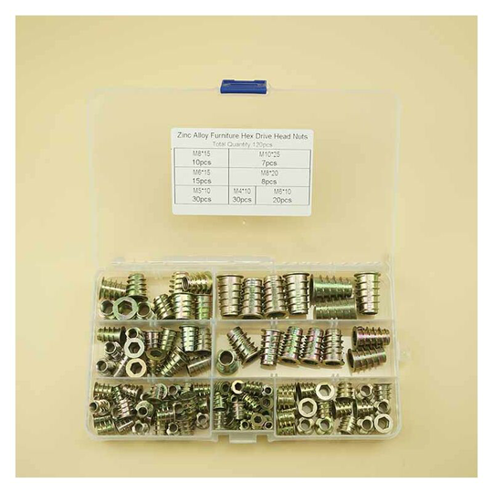 120 Pcs Zinc Alloy Hex Socket Nut, Zinc Alloy Nut For M4 M5 M6 M8 M10 Threaded Insert Nut For Wood Furniture