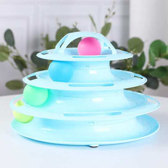 Cat Toys 2 in 1 Maze Toy Cats 4 Layers Toy Balls for Cat Kitten Play Interactive Cat Toy with Catnip Bells and Feathers (Blue)