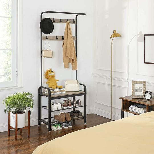 VASAGLE Coat Rack Stand, Free Standing Hall Tree, Coat Stand with Removable Hooks, Bench and Shoe Rack, Height 183 cm, Steel, Industrial, Greige and