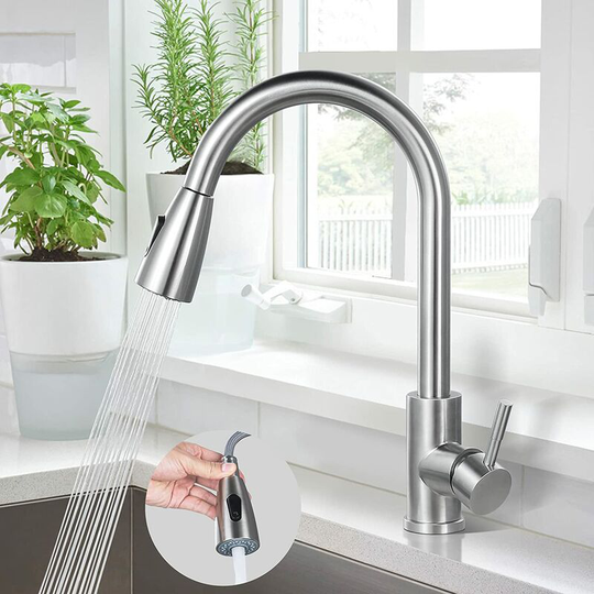 Osqi - Kitchen Faucet, 304 Stainless Steel Sink Mixer Tap, 360° Rotating Sink Faucet with Pull-Out Spray, Kitchen Mixer Tap 2 Water Jets Brass Nut