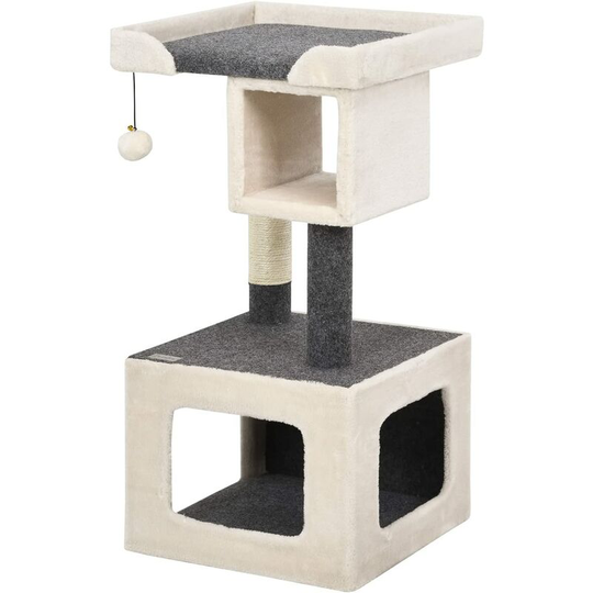 Cat Activity Tree, Cats Tower with 2 Plush Condos, Sisal-covered Scratching Posts and Perch, Play Centre, Furniture for Kittens (White + Grey)
