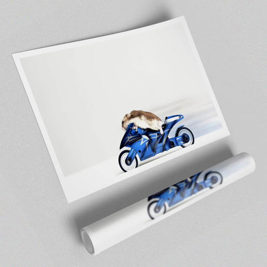 Mouse Riding Motorcycle - Graphic Art Print on Paper
