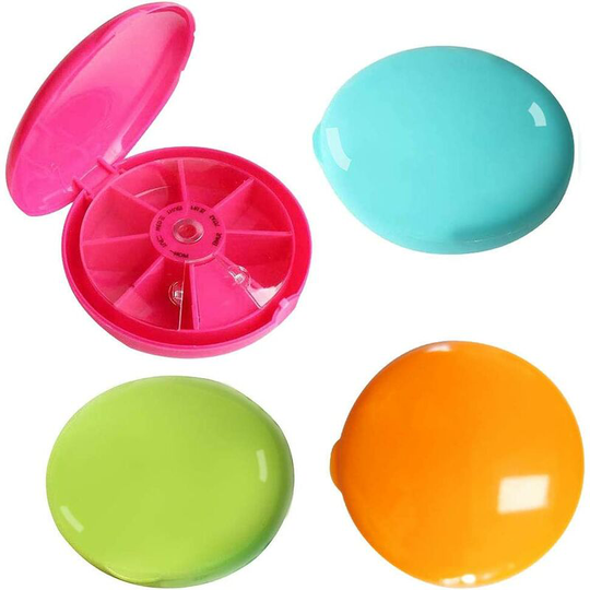 Litzee - Pack of 4 Round Portable Plastic Weekly Small Pill Boxes - Portable Tablet Box Vitamins Tablet Organiser Case Medication Box