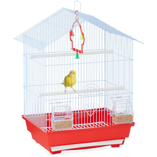 Bird Cage, Birdcage, Perches, Swing, Feeders, h x w x d 49.5 x 39.5 x 32.5 cm, Red - Relaxdays
