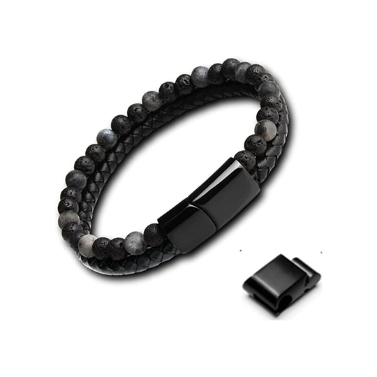 FVO - Original Bracelet For Men Made Of 6mm Natural Stone Beads And High Quality Genuine Leather With Removable Stainless Steel Magnetic Clasp To