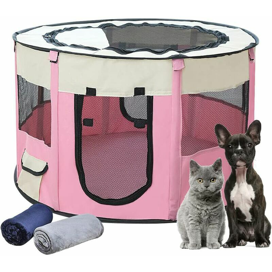 Qersta - Collapsible Dog Puppy Playpen, Dog Pet Playpen for Dogs Cats Rabbits and Small Animals, Water Resistant for Indoors or Outdoors (Pink)