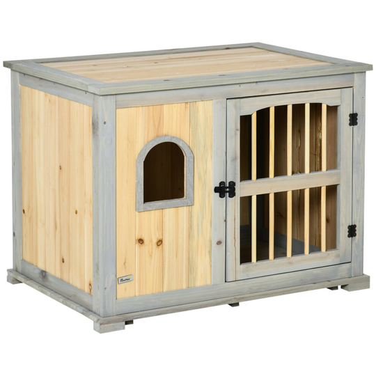 PawHut Two-In-One Wooden Dog Crate Side Table w/ Lockable Door, Window