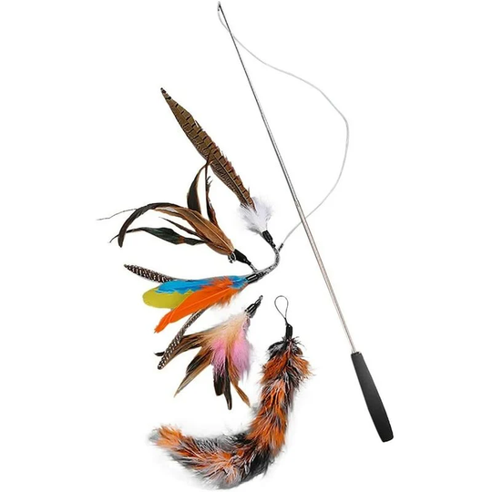 1 piece Feather Toy for Cats - Interactive Retractable Natural Feather Wand Cat Toy - with 5 Feathers for Your Cat and Kitten - Replacement Head