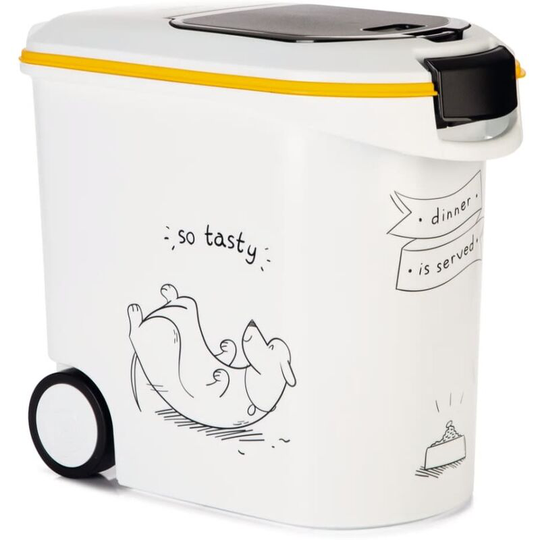 Pet Food Container Dinner is Served Dog with Wheels 35L Curver White