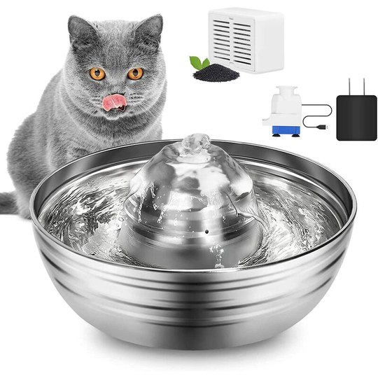 Cat Water Fountain, Stainless Steel Cat and Dog Fountain, 67oz/2L Silent Water Fountain, Automatic Pet Water Fountain, with Filter (Round Shape)