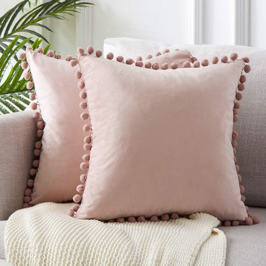 Throw Pillow Covers Lumbar with Pom Poms Soft Particles Velvet Solid Cushion Covers 45 x 45cm for Couch Sofa Bedroom Car, Pack of 2, Blush Pink