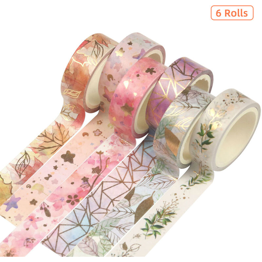 6 Rolls Washi Tape Set Floral Gold Foil Washi Masking Tape 15mm Wide Plant Leaves Flower Decorative Adhesive Tape Sticker