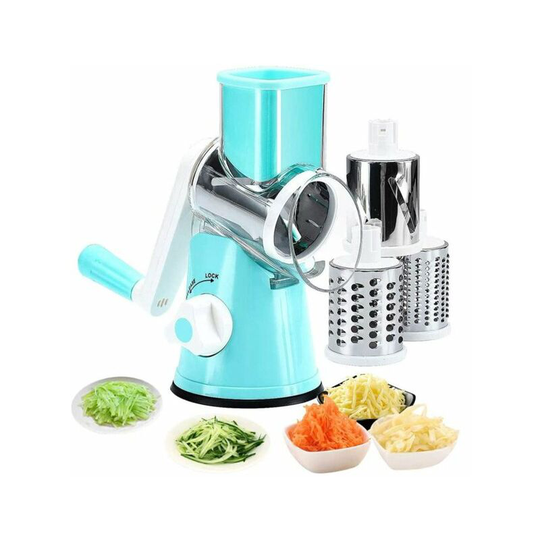 Manual Rotary Cheese Grater and Mandoline Slicer for Vegetable, Nuts, Carrots, Cucumbers, Zucchini, Multiple Stainless Steel Blades (Blue)