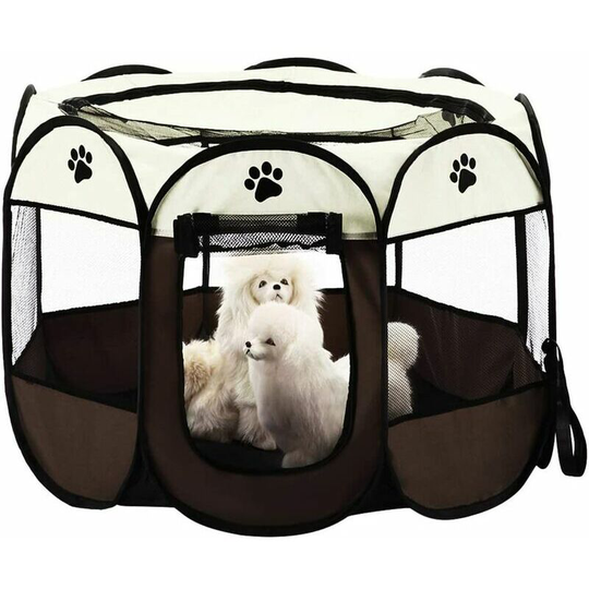 Foldable Pet Tent. 8 Panel Fishnet House. Puppy Playpen Dog Kennel. Cat and Rabbit(Brown.S)