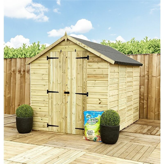 8 x 5 Windowless Pressure Treated Tongue & Groove Apex Shed + Double Doors + Low Eaves