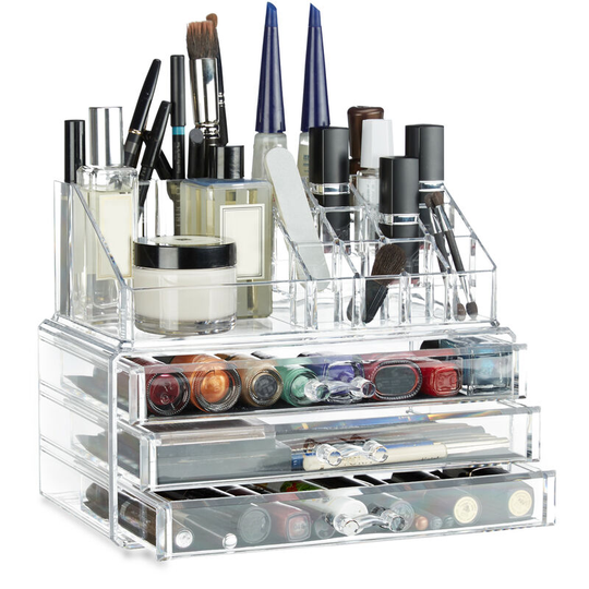Relaxdays - Small Makeup Organizer, 2-Piece Cosmetics Storage with Drawers, Stackable Makeup Shelf, Transparent