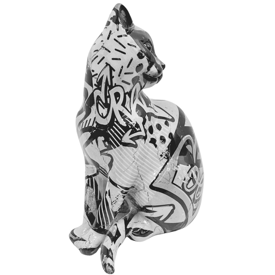 Monochrome Cat Ornament Graffiti Design Animal Sculpture Sitting Kitten Figurine