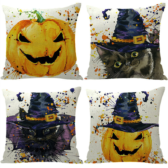 Halloween Pillow Covers 18x18 Inch Set of 4 Trick or Treat Pillow Covers Case for Couch Halloween Decorations (Pumpkin、Hats)