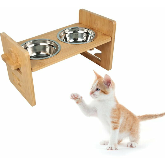Bearsu - Raised Dog Bowl, Adjustable Cat and Small Dog Bowl Holder, Durable Bamboo Raised Dog Bowl Stand with 2 Stainless Steel Bowls and Non-Slip