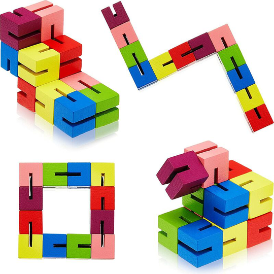 6 Pieces Wooden Twist Cubes Colorful Mind Game Stretch Twist and Lock Brain Teaser Fidget Sensory Toys for Teens Stocking Stuffer and Party Favors