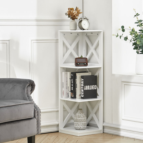 3 Tier Modern Wood Corner Standing Shelf for Living Room, White - Livingandhome