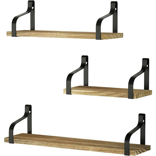 Wall Shelves Set of 3 Floating Wood and Iron Shelves Maximum Load 20 Kg, Black Carbonized - Muff