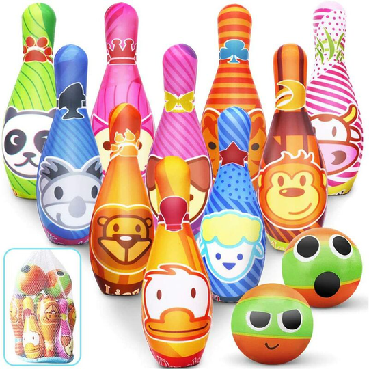 Bearsu - Bowling Games, 2 Foam Balls 10 Bowling Pins with Toy Storage Bag Outdoor Indoor Gifts for Children Boy Girl 3 4 5 Years Old